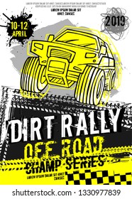 Dirt Rally. Extreme off-road adventure. Vintage style. Vertical vector illustration with unique hand drawn image in white, yellow and black colours useful for retro poster, print and flayer design.