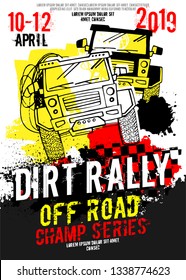Dirt Rally. Extreme off-road adventure. Vintage style. Vertical vector illustration with unique hand drawn image in white, yellow and black colours useful for retro poster, print and flayer design.