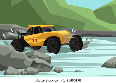 Dirt rally, off road race flat vector illustration. Extreme 4x4 cars championship, professional automobile sport. Yellow vehicle riding through obstacles. Offroad landscape competition