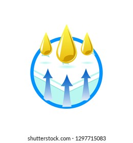Dirt resistant materials technology symbol in flat style - isolated vector illustration of comfortable orthopedic breathable mattress with mud drops and arrows up for health safety concept.