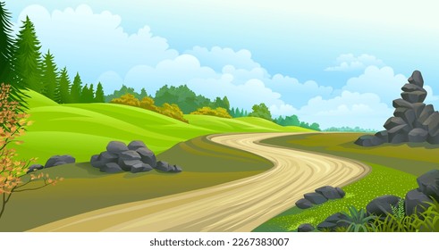 A dirt road across lush green meadows with a large forest in the distance.