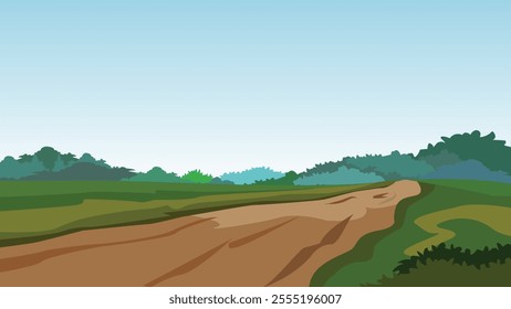 A dirt road across lush green meadows with a large forest in the distance.