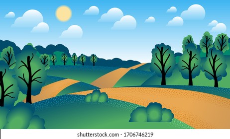 dirt road among fields, hills, bushes and trees, against the background of the forest, the sky with the sun and clouds. summer landscape. vector