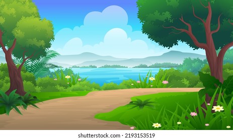 Dirt road beside river or sea with green grass, trees and mountain background under blue sky