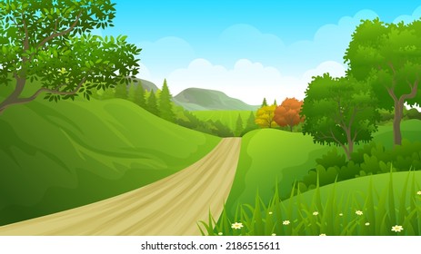 Dirt road between green hills and forests beautiful nature landscape