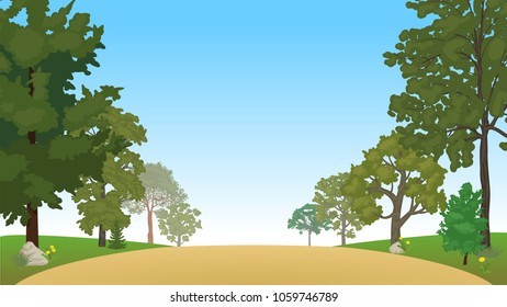 A dirt road between two lines of trees. Vector illustration.