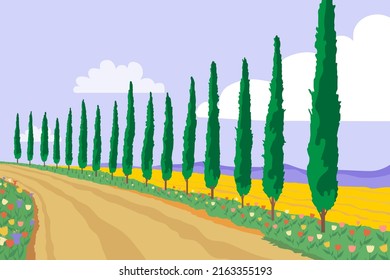 Dirt Road Covered with Poplar Trees and Tulips