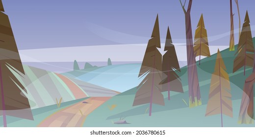 Dirt road at foggy forest, dull weather cartoon nature landscape with road going along field and conifer trees under grey gloomy sky, scenery wood background, early summer morning, vector illustration