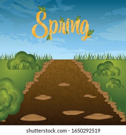 Schotterstraße mit Gras und Frühlingstext. Frühlingszeit - Vektorillustration