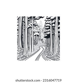 A dirt road through the forest, line art.