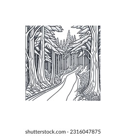 A dirt road through the forest, line art. 