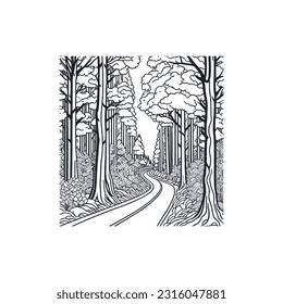 A dirt road through the forest, line art. 