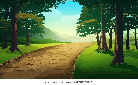 Dirt road through the middle of a lush forest vector landscape