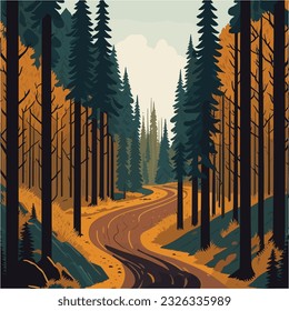 A dirt road through a terrible forest flat color vector illustration.