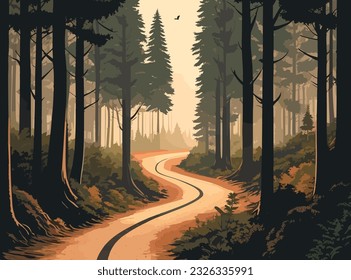 A dirt road through a terrible forest flat color vector illustration.