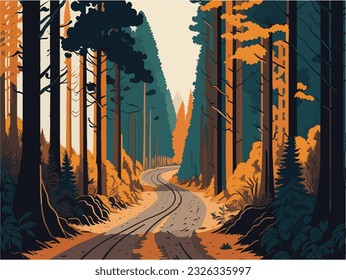 A dirt road through a terrible forest flat color vector illustration.