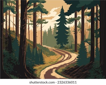 A dirt road through a terrible forest flat color vector illustration.