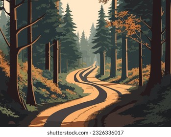 A dirt road through a terrible forest flat color vector illustration.