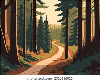 A dirt road through a terrible forest flat color vector illustration.