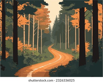 A dirt road through a terrible forest flat color vector illustration.