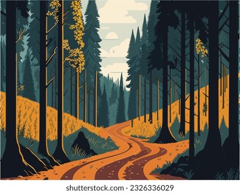 A dirt road through a terrible forest flat color vector illustration.