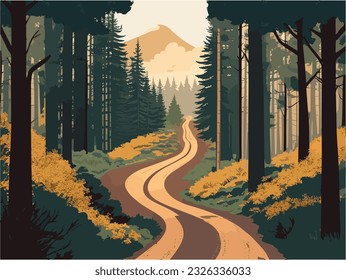 A dirt road through a terrible forest flat color vector illustration.