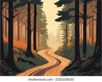 A dirt road through a terrible forest flat color vector illustration.