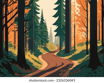 A dirt road through a terrible forest flat color vector illustration.