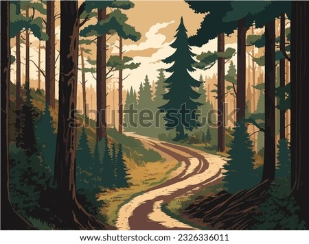 A dirt road through a terrible forest flat color vector illustration.