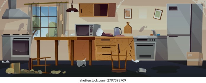 A dirty, abandoned kitchen interior with scattered trash, overturned chairs, broken furniture, and stains. The theme is cleaning, renovating, and clutter. Vector. Flat cartoon style.