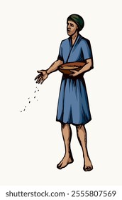 Dirty adult age male sower stand begin walk tillag white sky Black line drawn biblic guy go woman girl arm pour cereal corn dirt sign icon symbol concept retro culture bible history cartoon art sketch