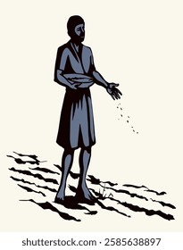 Dirty adult age male sower stand begin walk tillag white sky Black line drawn biblic guy go woman girl arm pour cereal corn dirt sign icon symbol concept retro culture bible history cartoon art sketch