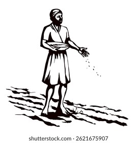 Dirty adult age male sower stand begin walk tillag white sky Black line drawn biblic guy go woman girl arm pour cereal corn dirt sign icon symbol concept retro culture bible history cartoon art sketch