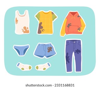 Dirty apparel clothes with stains sticker set. Hoodie, jeans, t-shirt, sock, shorts textile clothing with dirt. Garment washing, cleaning housework, hygiene cartoon collection flat vector illustration