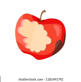 Dirty apple nibbled fruit, decaying bad red ripe apple, organic garbage icon closeup, ripe bitten fruit, vector illustration isolated on white