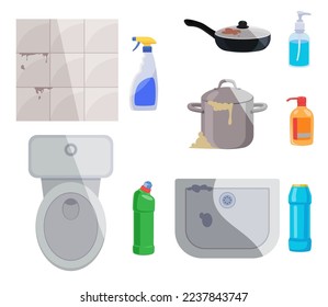 Dirty appliances and cleaning products vector illustrations set. Cartoon drawings of pan, cooking pot, sink, toilet, soap, spray isolated on white background. Hygiene, household concept