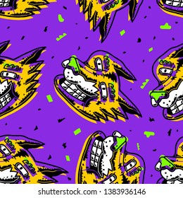 Dirty Art Seamless Pattern. Fox Head Seamless Pattern. Fox Head Dirty Art style. Cartoon Fox Dirty Art style on Proton Purple background isolated. Stock Vector Illustration. Cartoon style