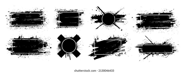 Dirty artistic grunge texture with frame isolated on white background. Black grunge splashes with frame. Text logo for design, back element, callouts concept. Ink brush stroke box and splashes. Vector