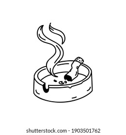 A dirty ashtray with a cigarette butt. The harm of smoking. Linear doodle style. Vector on isolated white background. For printing on cards, invitations, tattoos, fashion design.