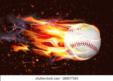 Dirty baseball speeding through the air on fire