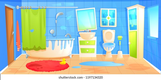 Dirty Bathroom Design Interior Room With Ceramic Furniture Background Template. Vector Cartoon Illustration