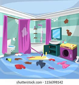 Dirty Bathroom Interior Room Furniture With Bathtub With Shower Curtain, Washing Machine, White Closet With Mirror For Cartoon Vector Architecture Decoration Illustration Concept Idea