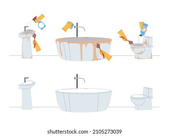 
Dirty bathroom in the process of cleaning. Clean room after cleaning and disinfection. Rubber gloves and brushes. Flat vector illustration.