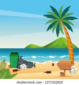 Dirty beach with cans and bottles