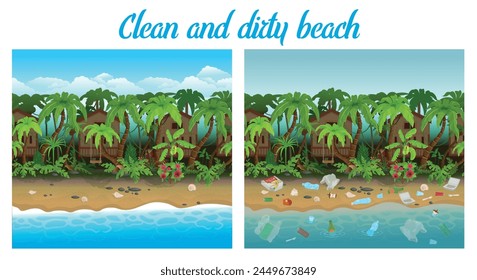 A dirty beach with garbage and a clean beach. concept of garbage collection, ecology. Island beach with bungalows and palm trees. Side view, game background