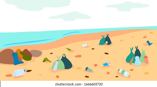 Dirty beach with green recycle trash bags And dump plastic bottles, glass, coffee cup, beer jars concept for International Coastal Cleanup Day stock vector illustration flat cartoon style. 