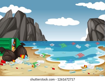 A dirty beach pollution background illustration