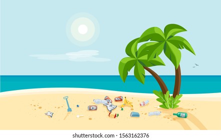 Dirty beach pollution sea view and palm. Garbage and trash on the sand beach. Littering waste. Plastic garbage disposed improperly throwing away on the ground. Rubbish fallen on the ground near water.