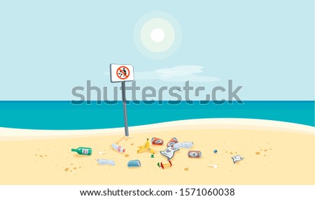 Dirty beach pollution sea view with no littering waste sign. Garbage and trash on the sand beach. Plastic garbage disposed improperly throwing away on the ground. Rubbish fallen near ocean water.