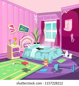 Dirty Bedroom Interior Room Furniture With Large Window And Pink Curtain, Green Trees With Little Desk For Cartoon Vector Architecture Decoration Illustration Concept Ideas